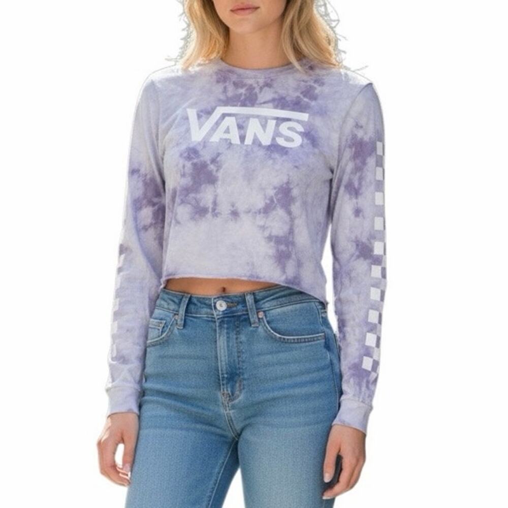 Vans Purple Gray Tie Dye Marbled Crop Long Sleeve Shirt X-Small XS Checkerboard - Picture 3 of 12